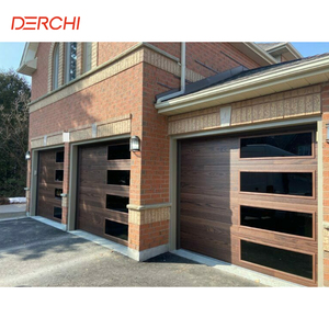 Puerta de Garaje Corredera Superior DERCHI USA, Eléctrica, de 16x8, de Aluminio con Aspecto de Madera, Acero Galvanizado, Espuma de PU, con Ventanas Negras - Product Image 3