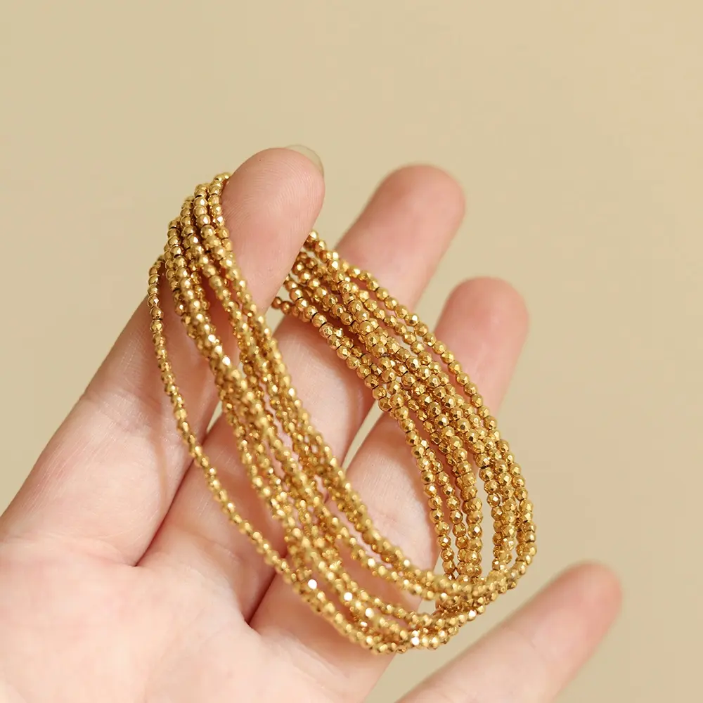 New Stainless Steel Mini Bead Stretch Bracelet 18K Gold Plated Tarnish Free Stacking Beaded Bracelets Waterproof Jewelry