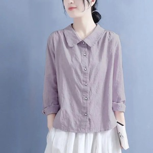 Women's Linen Shirt Purple Peter Pan Collar Button Down Casual Loose Fit Spring Summer Top - Product Image 1