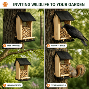 Mangeoire à cacahuètes en bois massif résistante aux intempéries pour corbeaux, écureuils et hiboux – Station à noix suspendue pour oiseaux de jardin extérieur - Product Image 2
