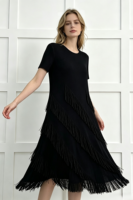 Robe longue plissée à col rond et manches courtes pour femme, taille unique, style décontracté, mode estivale, avec pompons, par un créateur