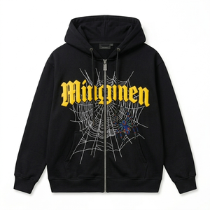 Sweat à capuche zippé intégral Mingmen Streetwear Y2K surdimensionné pour homme en coton avec impression en relief personnalisée et broderie toile d'araignée en strass - Product Image 3