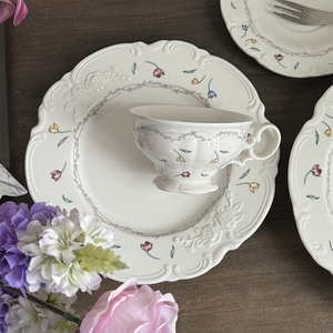 New Retro <strong>Flower</strong> Broken Ceramic Fruit Salad Dinnerware Tableware <strong>Set</strong> French Vintage Lace Relief Design Ceramic Plate - Product Image 6