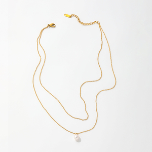 Joolim Jewelry - Collar de Cadena Doble con Colgante de Perla de Agua Dulce Chapado en Oro de 18K, Joyería de Acero Inoxidable al por Mayor - Product Image 5