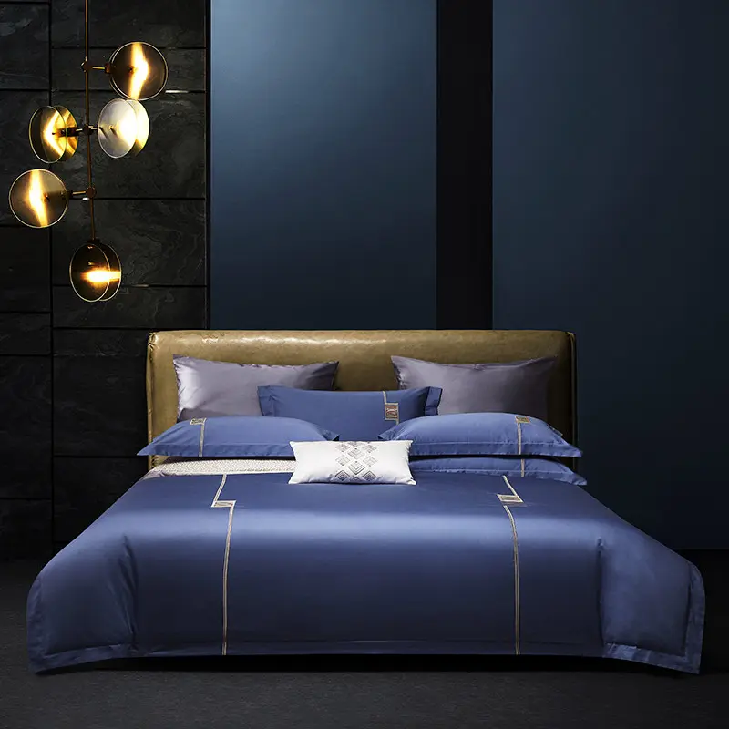 Parure de lit en satin, taille king, 4 pièces, housse de couette bleue brodée de luxe, ensembles de literie 100% coton, vente en gros