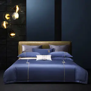 Großhandel King Size 4 Stück Satin Bettdecke blau Bett bezug Luxus bestickte Baumwolle Bettwäsche-Sets