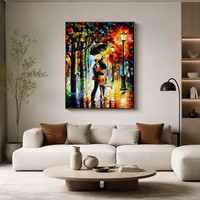 Tableau mural moderne peint à la main, texturé, représentant un couple romantique sous la pluie, paysage urbain, sur toile