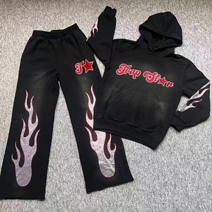 Ensemble de survêtement personnalisé par le fabricant, avec strass, effet délavé, comprenant un sweat à capuche et un pantalon de jogging ample, coupe oversize - Product Image 1