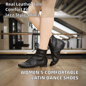 Botas de Baile Jazz de Cuero Genuino Negro para Mujer, Tacón Plano, Diseño con Cordones en el Tobillo, para Práctica y Actuación de Danza, MOQ Bajo, OEM, ODM - Product Image 2