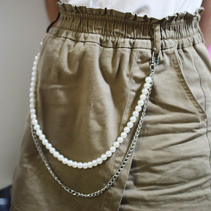 Double Layered Pearl <b>Chain</b> For Pants Unisex Hip Hop Korean Style Waist <b>Chain</b> Daily Wear Imitation Pearl <b>Cross</b> Border Fashion - Product Image 2