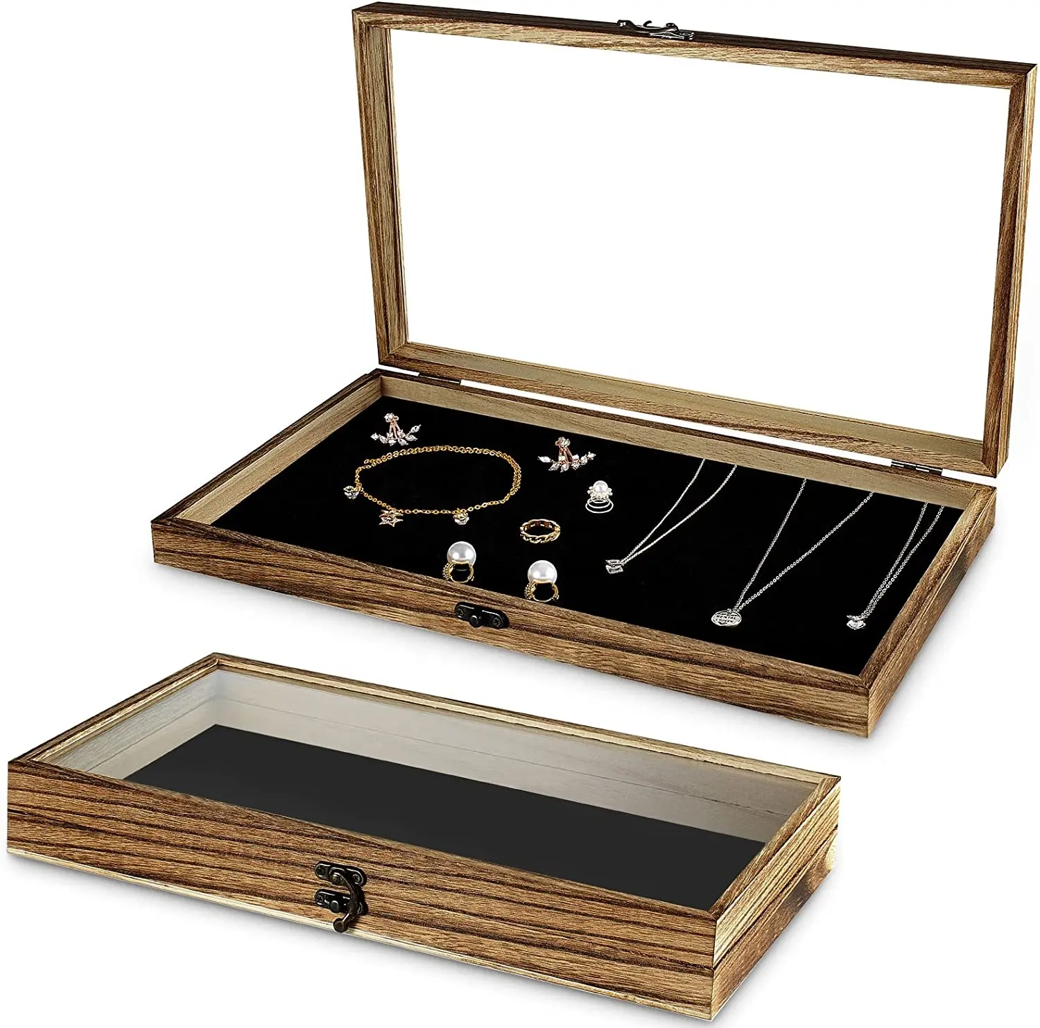 Natural Wood Jewelry Display Case with Glass Top Brass Corners Metal Clasp Storage Box-Accessory Tray with Love Theme