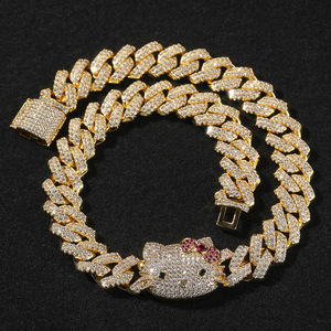 Colliers à maillons cubains en zircon motif chat de dessin animé, entièrement sertis de diamants, chaînes tendance pour style hip-hop - Product Image 2