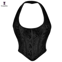 Haut court d'été pour femme grande taille, sexy, col halter en V profond, sans manches, style corset, en dentelle jacquard, à baleines, bustier respirant