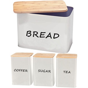 Extra Large Space Saving Cream Metal Bread Box And Canister Set For Kitchen Bread Tea Coffee Sugar Storage
