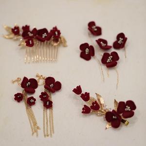 Retro <strong>Burgundy</strong> New Bride Headdress Ancient Style <strong>Hair</strong> <strong>Accessories</strong> Elegant Flowers <strong>Hair</strong> Comb <strong>Hair</strong> Clip Earrings Set - Product Image 1