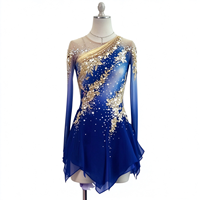 Robe de patinage artistique bleu roi asymétrique à une épaule, manches longues en maille, strass dorés pour enfants et adultes, compétition et performance