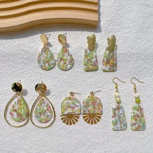 Spring Handmade Polymer Clay Soft Pottery Carved Flower Dangle Earrings Mottled Sweet Lovely Geometric WaterDrop Earrings