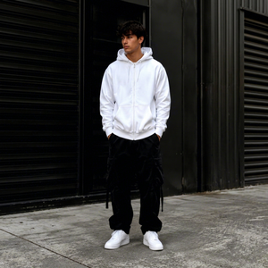 Sweat à capuche unisexe blanc oversize zippé 100 % coton French Terry, couleur unie, respirant, style streetwear anti-boulochage, idéal pour l'hiver - Product Image 1