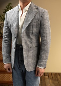 <span class=keywords><strong>Blazer</strong></span> <span class=keywords><strong>Homme</strong></span> 100% Lin <span class=keywords><strong>Gris</strong></span> Clair Imprimé Prince Plaid, Veste de Costume Décontractée à Simple Boutonnage, Revers Cranté, Coupe Slim - Product Image 4