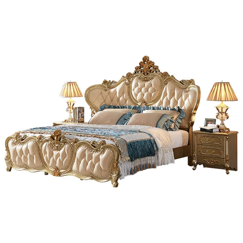 Luxury Royal Antique French Style Solid Wooden Furniture Bed Luxury Design Gold Leaf Carving King Size Leather Bed