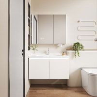 Meuble-lavabo de salle de bain moderne de haute qualité avec miroir LED, résistant à l'eau, éco-responsable, vasque en pierre, finition laquée