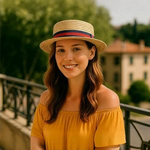 Chapeau de paille boater pour femmes et hommes, chapeau skimmer à large bord, chapeau Amish, costume de Noël, chapeau de paille naturel fait main - Product Image 3