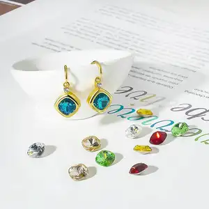 6 in 1 Interchangeable Zircon Month Stone Earrings 18K Gold Plated Stainless Steel Drop Earrings