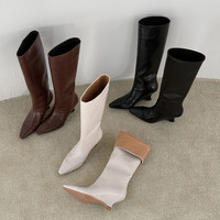 Bottes hautes en cuir véritable pour femmes, à bout pointu et talon compensé, vente en gros, directement de l'usine, chaussures d'automne et d'hiver pour femmes