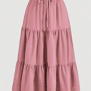 Jupe midi évasée décontractée en mousseline de soie, style bohème européen et américain, taille naturelle, superpositions fluides, couleur unie, collection été 2025 - Product Image 2