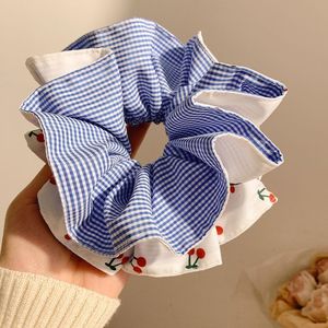 Elastici per capelli a doppio strato in stile coreano con motivo scozzese e ciliegie, elastici grandi a righe rosse e blu, fasce per capelli alla moda per donna - Product Image 3