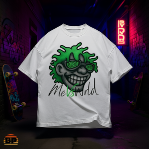 T-shirt Oversize Me Vs World Hypno Face Y2K Anni '90 Streetwear con Grafica Cartoon, Occhiali a Spirale e Capelli Verdi, Unisex - Product Image 3