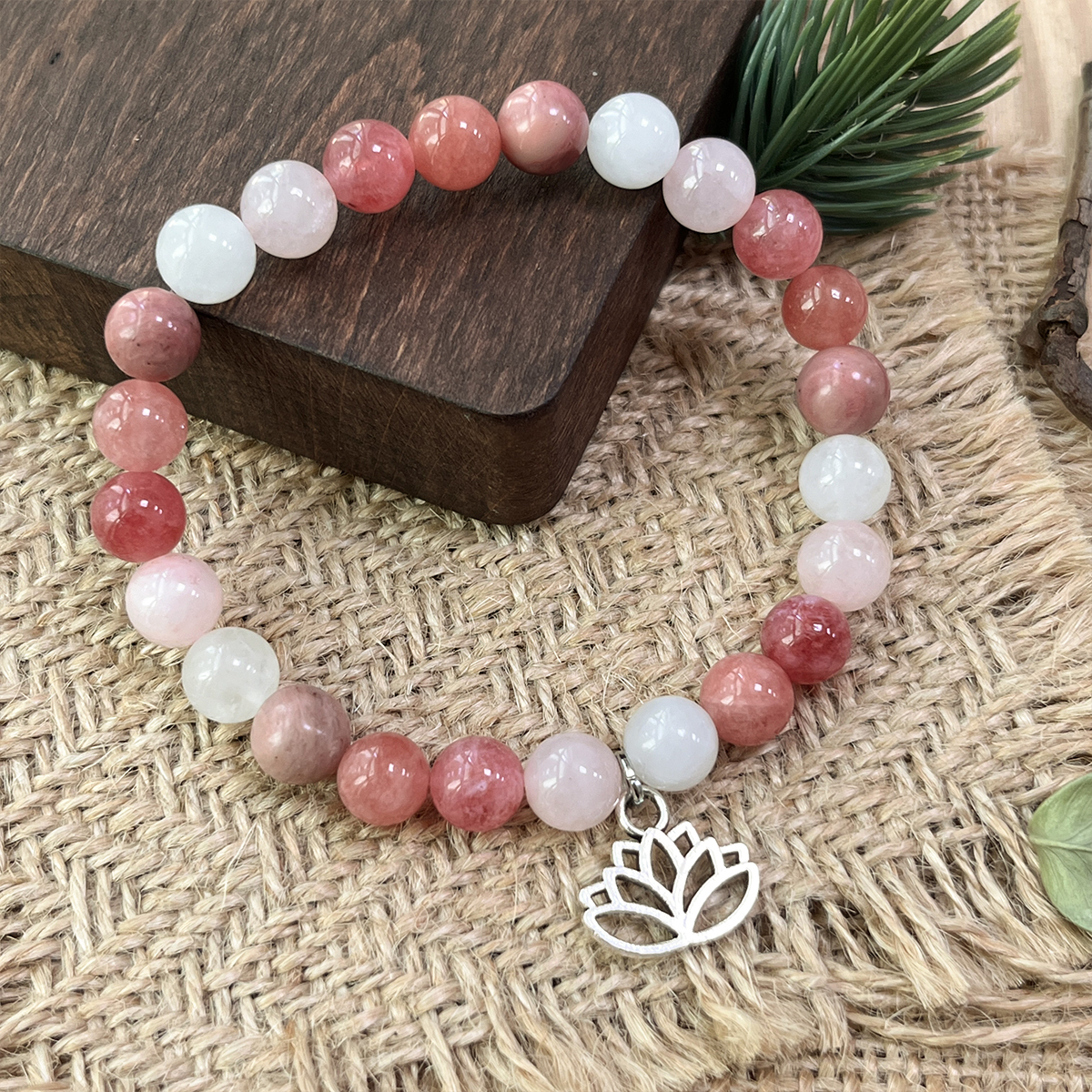 Stone Bracelet with Lotus Charm