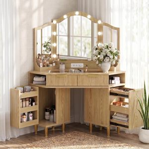 Coiffeuse d'angle en bois OEM/ODM avec miroir 3 voies, éclairage LED, station de charge, <span class=keywords><strong>tiroirs</strong></span> et rangement transparent pour chambre à coucher - Product Image 1