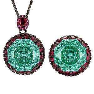 Parure de bijoux de mariée écologiques en cuivre noir et or, avec zircon vert Paraiba 18 mm, collier et boucles d'oreilles pour mariage - Product Image 2