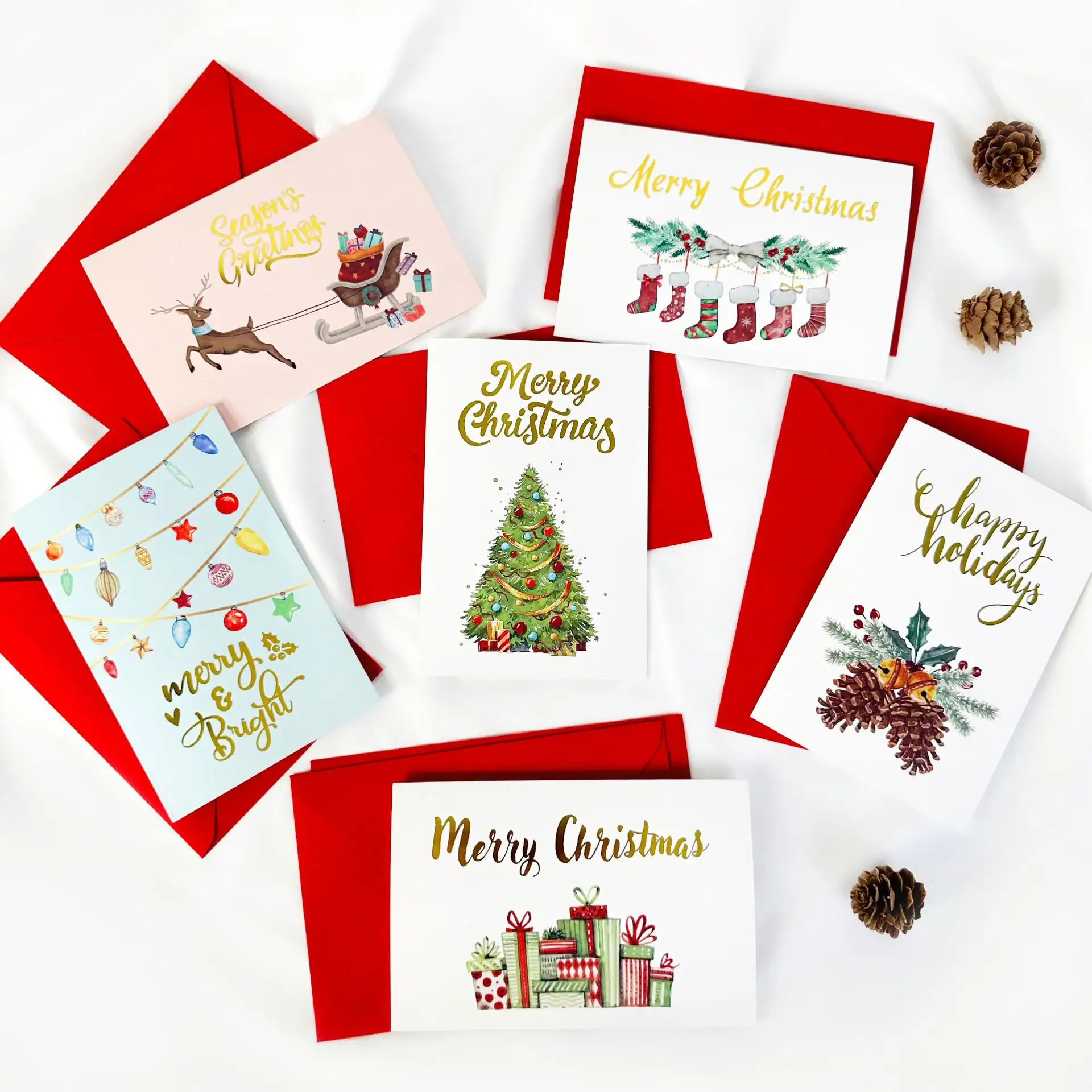 Kerstkaarten Pak Met Rode Enveloppen Goud Folie Wenskaarten Gelukkige Feestdagen Kaart Voor Kerstfeest Sticker Groothandel Online