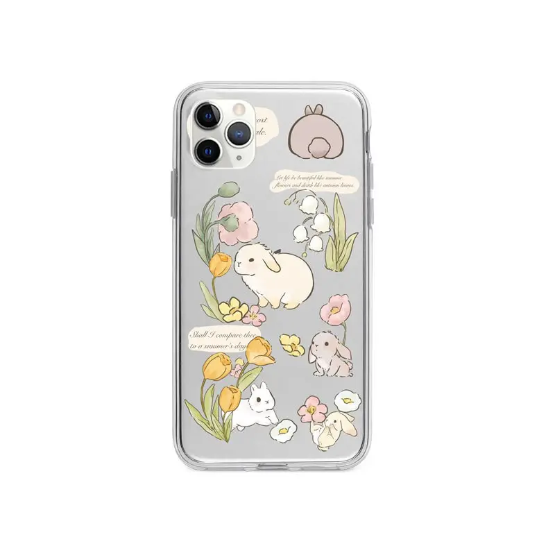 Transparent Background Rabbit Floral Print Cute Style Simple Cartoon Shockproof Phone Case for iPhone