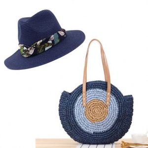 Conjunto de Sombrero Fedora de Paja Redondo con Lazo y Bolso de Paja, Sombreros de Paja Panamá Naturales para el Verano 2021, Sombrero de Playa para Mujer, Modelo KT-2850 - Product Image 1