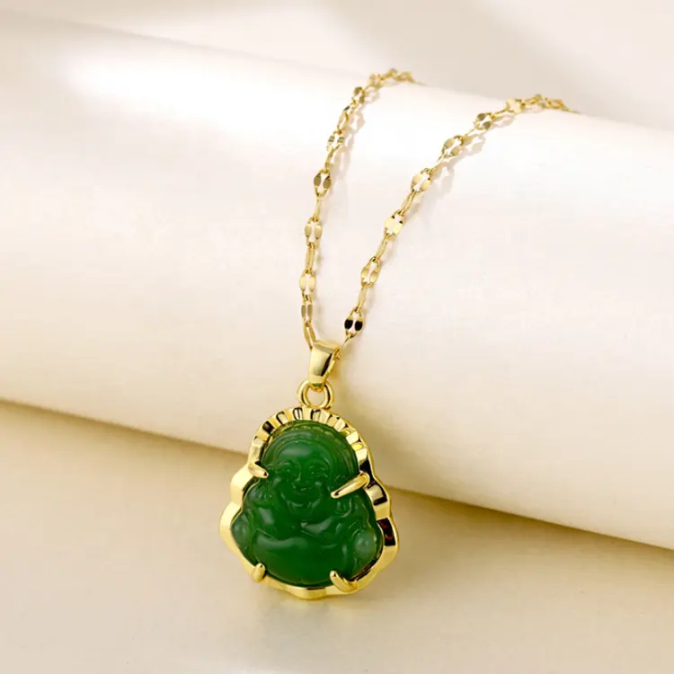Collar con colgante de Buda, cadena de acero inoxidable chapado en oro de 18K, collar de Jade verde de Buda