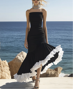 Vestido maxi de mujer con dobladillo Acampanado y volantes sin mangas de algodón blanco y negro de nuevo diseño elegante - Product Image 1