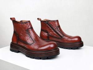 Bottines Chelsea pour hommes avec fermeture éclair latérale, en cuir véritable, effet froissé, semelle plateforme épaisse, bottines courtes décontractées pour un usage quotidien - Product Image 4