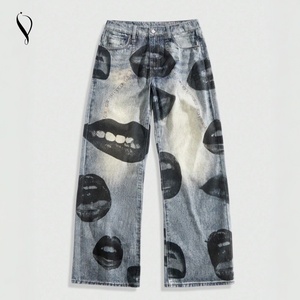 <span class=keywords><strong>Jeans</strong></span> Stampati da <span class=keywords><strong>Uomo</strong></span> Stile Punk Casual Nero Bianco Ecologici Traspiranti Gamba Larga Designer Nightclub - Product Image 1