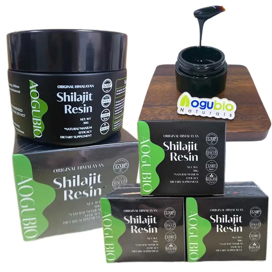 Aogubio Cung cấp OME shilajit nhựa tinh khiết nhất Himalaya shilajit chiết xuất 50% Fulvic axit in nhãn 20g 30g 50g shilajit nhựa