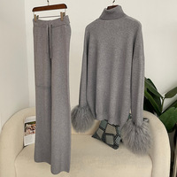 Ensemble deux pièces pull col roulé ample en maille et pantalon large en fourrure de Mongolie douce et luxueuse, personnalisé pour l'automne