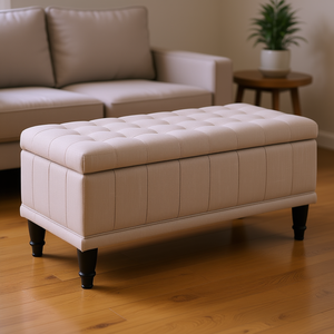 Banc de rangement ottoman en lin tufté beige de 42 pouces pour salon, chambre et entrée - Product Image 2