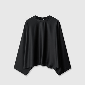 Blusa de satén negra asimétrica para mujer, elegante top tipo capa con cuello redondo y manga murciélago, camisa de lujo para el día a día - Product Image 1