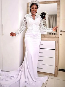 Mumuleo cuello en <span class=keywords><strong>V</strong></span> árabe Aso Ebi de talla grande perlas pesadas cuentas sirena vestido de novia ilusión manga larga satén vestidos de novia de lujo - Product Image 3