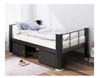Lit simple en métal pour l'école, cadre noir en acier, lit double pour adultes avec armoire à chaussures