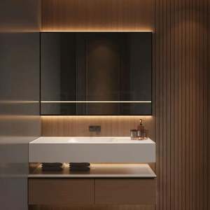 Customizable Light Luxury Smart Mirror <b>Bathroom</b> <b>Cabinet</b> Modern Hotel Style with Light Strip Made From Wood Panel - Product Image 5