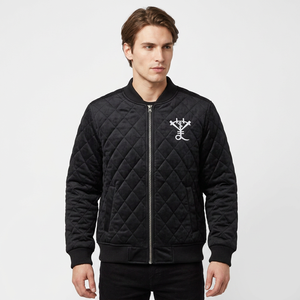 Blouson bomber noir matelassé pour homme avec logo brodé, corps en mélange de laine, manches contrastées et logo personnalisé - Product Image 1