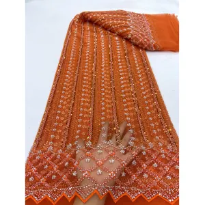 Prix de gros tissu de dentelle perlée robe de mariée 100% polyester maille paillettes tissu de dentelle française tissu de dentelle africaine